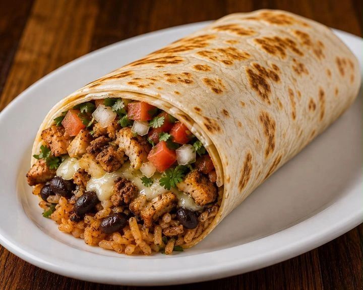 Burrito with seasoned meat and rice